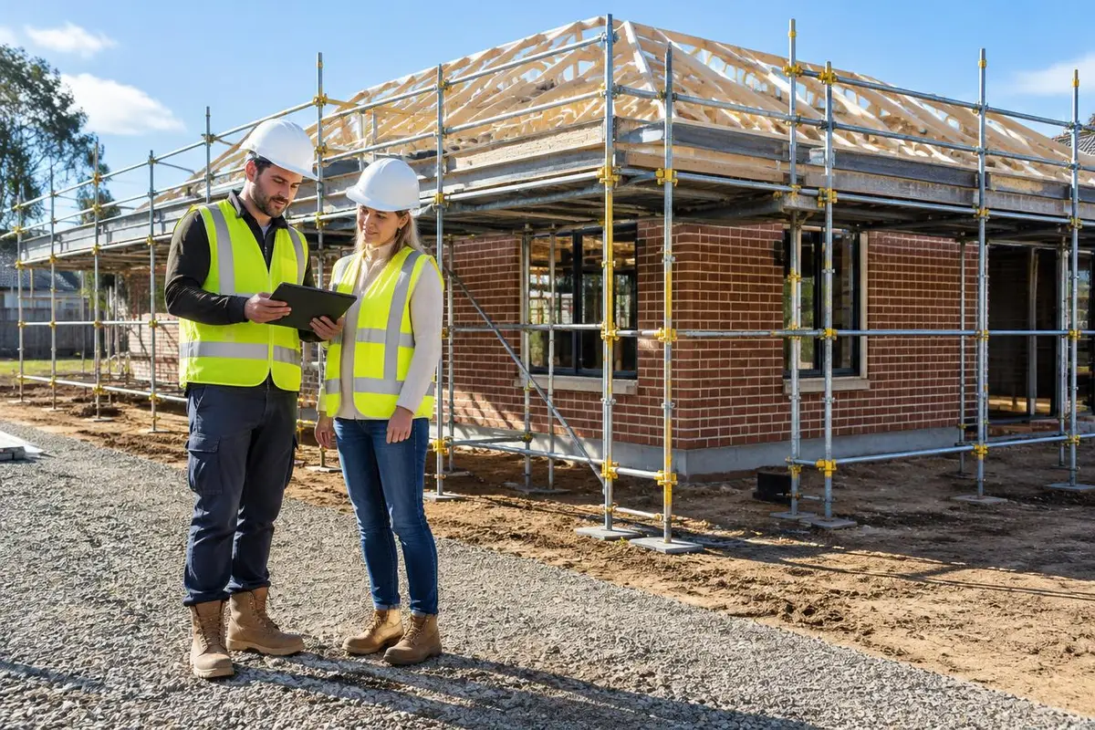 A builder and a client, both in hard hats and hi-vis vests, review a tablet beside a brick house under construction with scaffolding.