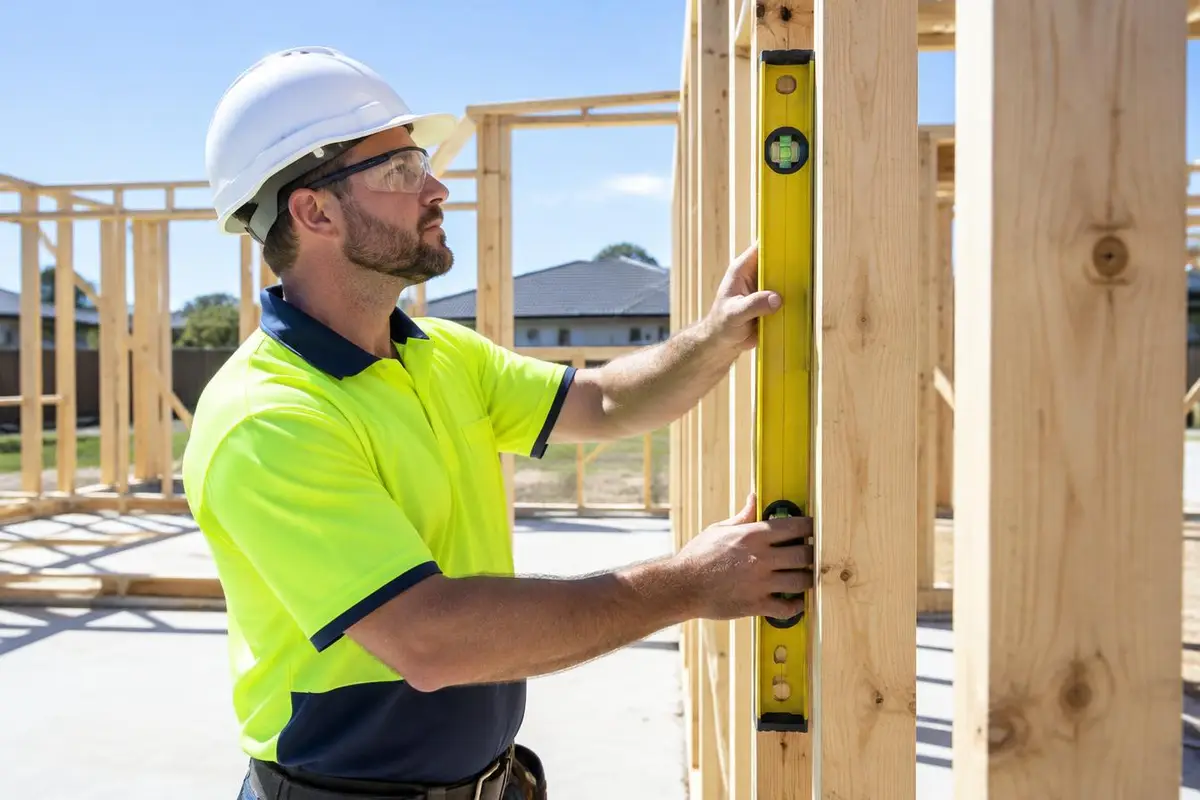 A carpenter in a hard hat, safety glasses and hi-vis shirt checks a timber wall frame for plumb with a spirit level.