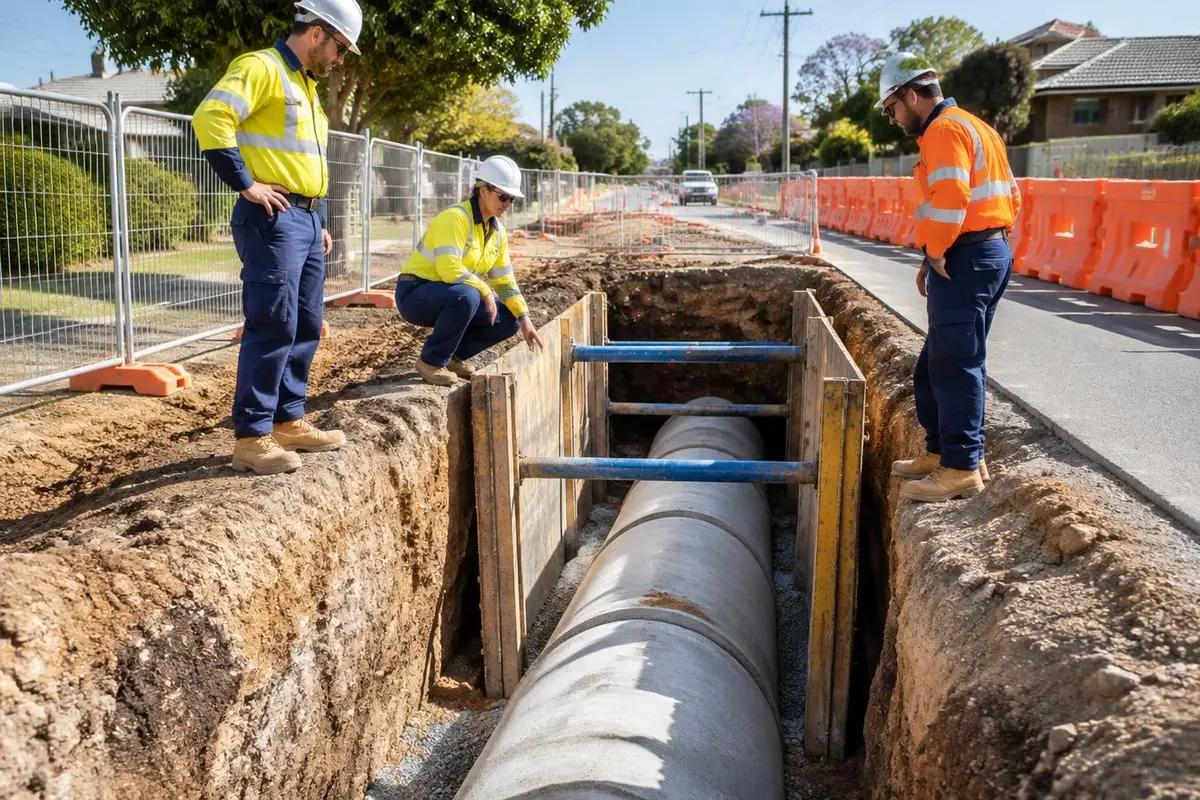 Three civil workers in PPE inspect a concrete stormwater pipe laid in a shored trench beside a fenced roadside work zone.