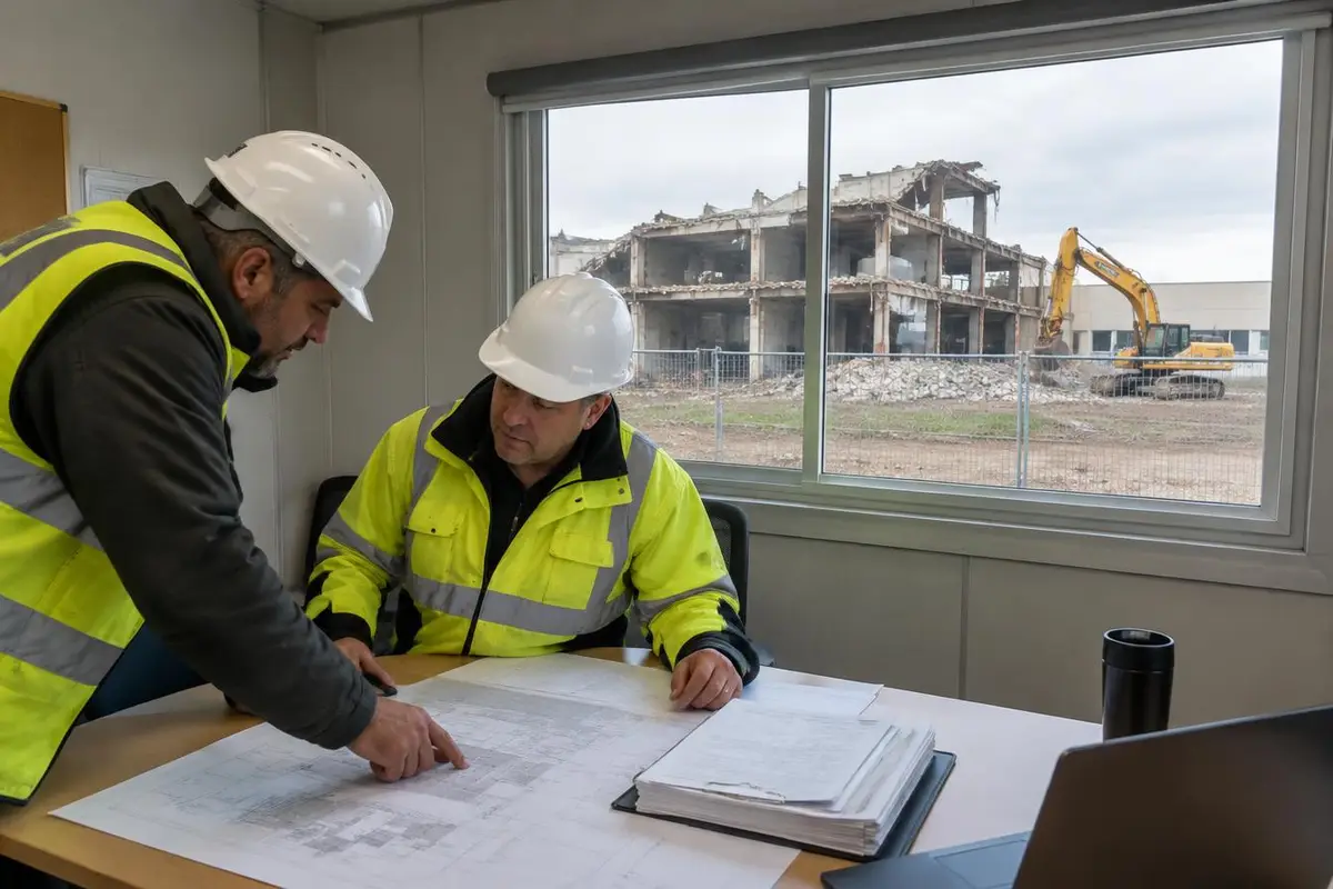 Two demolition supervisors in a site office review drawings and a document folder, with a fenced, partly dismantled building and parked excavator outside.
