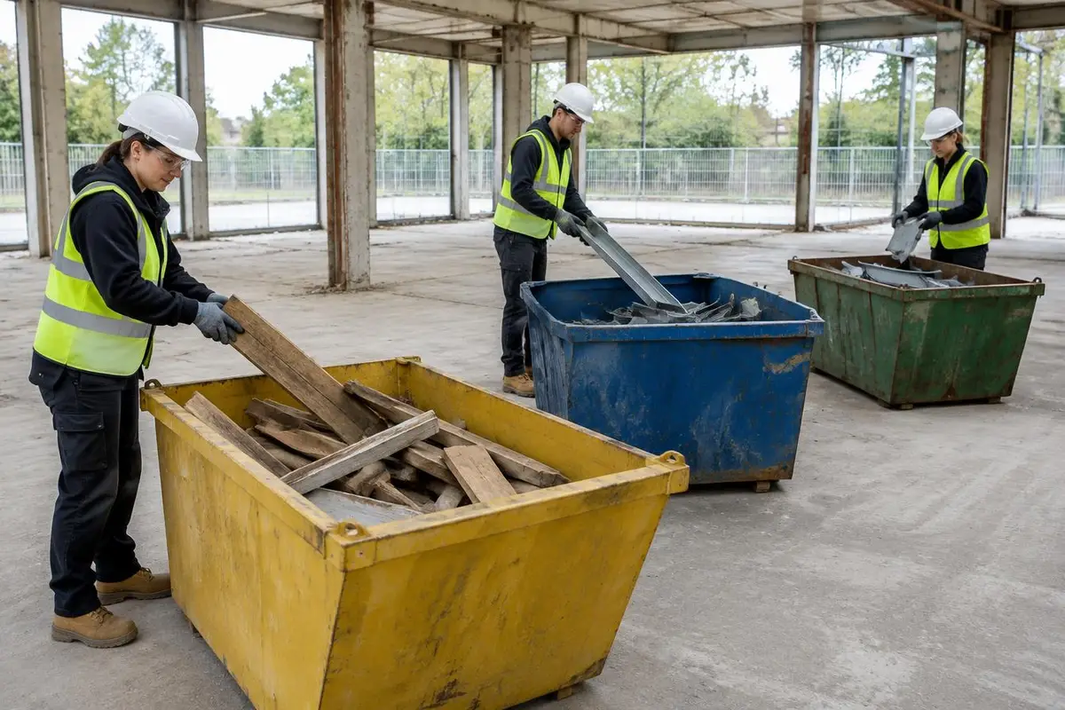 Three demolition workers in hard hats, safety glasses, hi-vis and gloves place salvaged timber and metal into separate skip bins on the slab of an empty, stripped-out building.