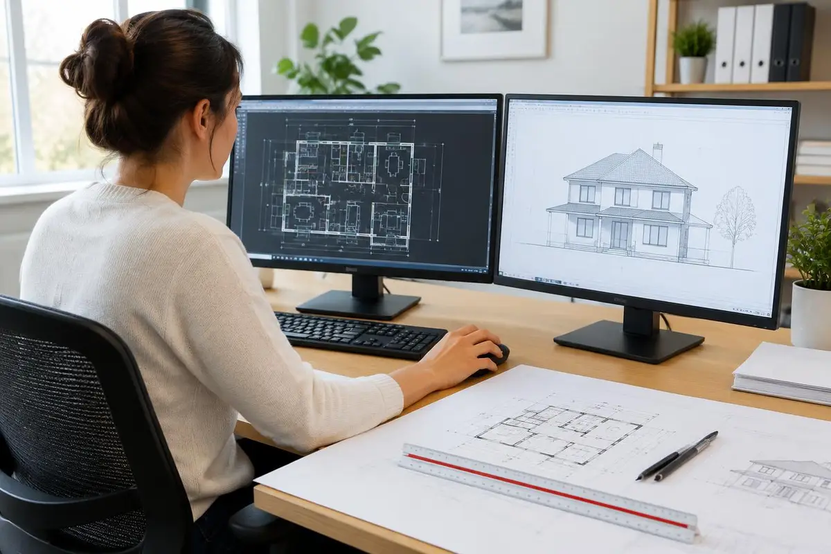 A drafter works on a house floor plan and elevation on two CAD monitors, with printed drawings and a scale ruler on the desk.