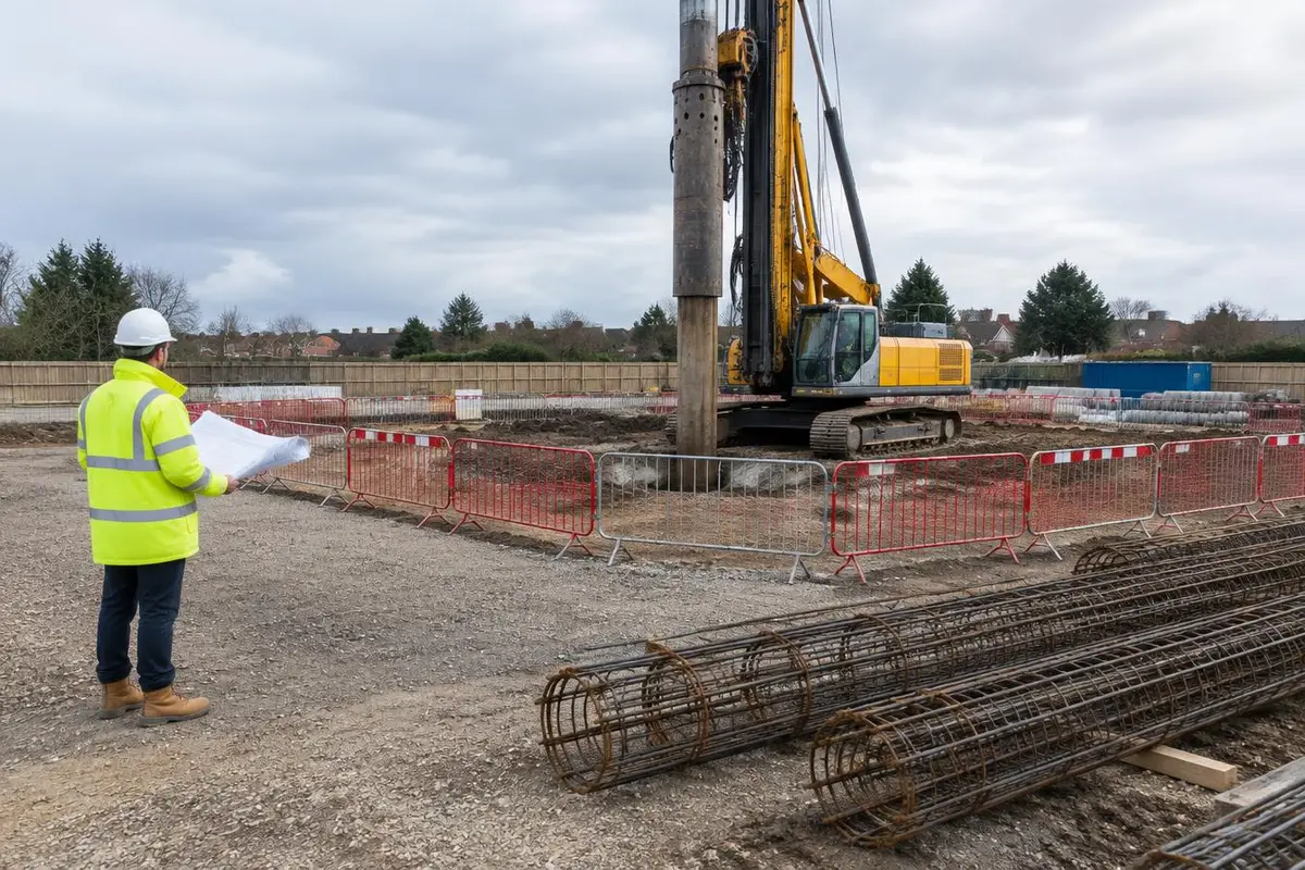 A worker holding drawings stands outside a barricaded exclusion zone around a piling rig, with reinforcement cages on the ground.