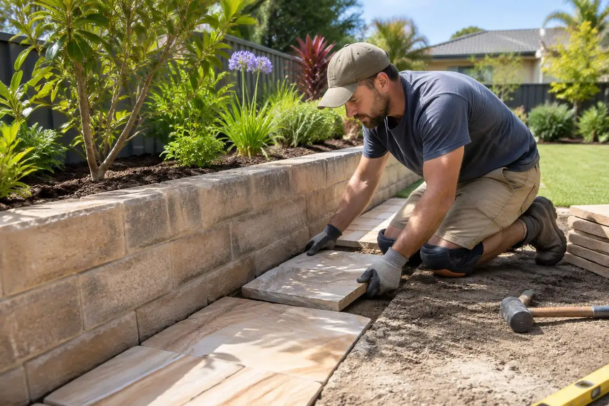 A landscaper wearing gloves and knee pads lays stone pavers beside a new block retaining wall in a planted backyard.