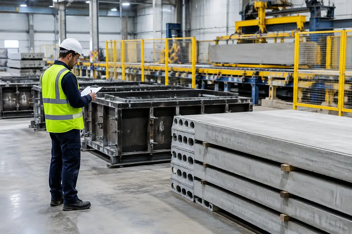 A worker in a hard hat and hi-vis vest records checks on a clipboard beside stacked precast concrete planks and guarded production equipment.