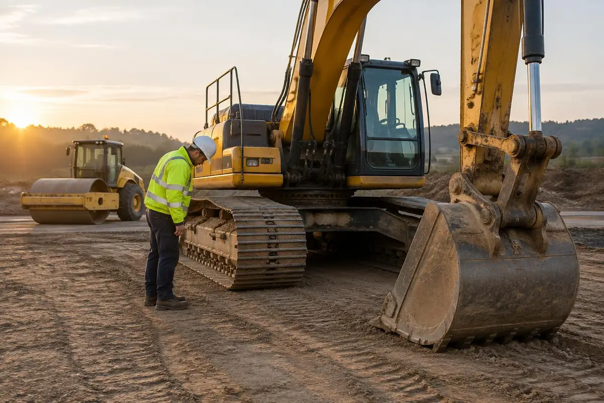 An operator in hi-vis and a hard hat does a walk-around pre-start check of a parked excavator with its bucket lowered, a roller behind.