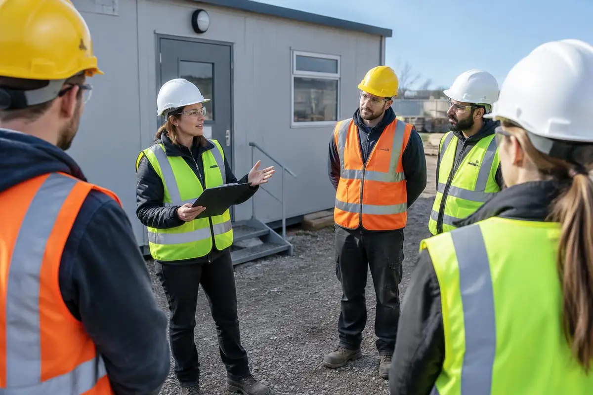 A WHS officer with a clipboard leads a toolbox talk with a group of workers in hard hats and hi-vis outside a site office.