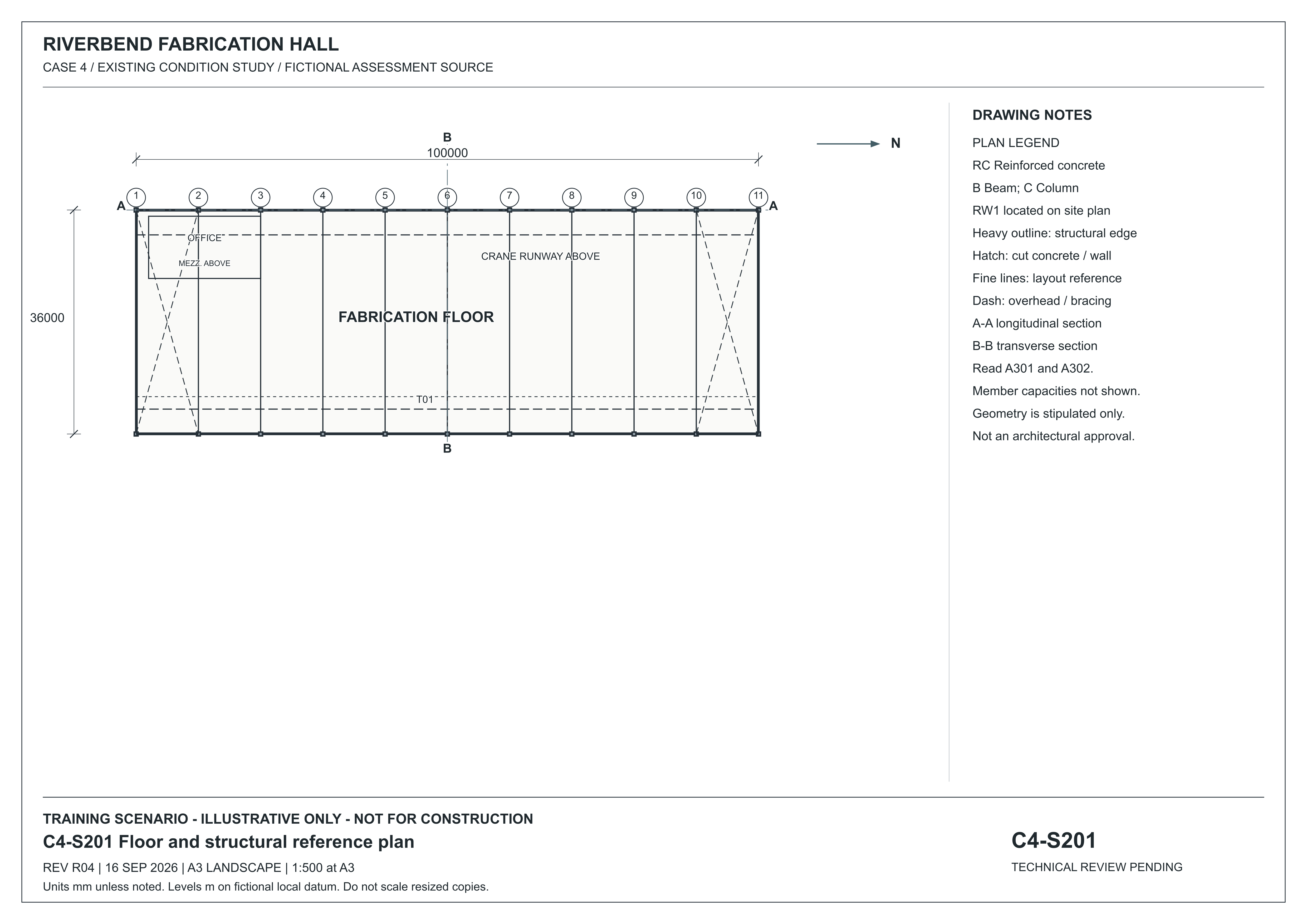 Riverbend case-study visual: C4-S201 R04 – Floor and structural reference plan. Structural and floor reference plan with controlled dimensions, section references and stipulated framing. Room layouts are context; no structural capacities are implied. Reproduced in this guide at reduced size; use written dimensions, not a ruler on this page.