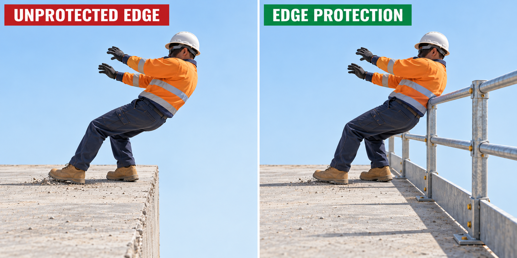 Matched scenes show a worker losing balance backwards beside an open concrete edge, and the same movement interrupted by edge protection behind him.