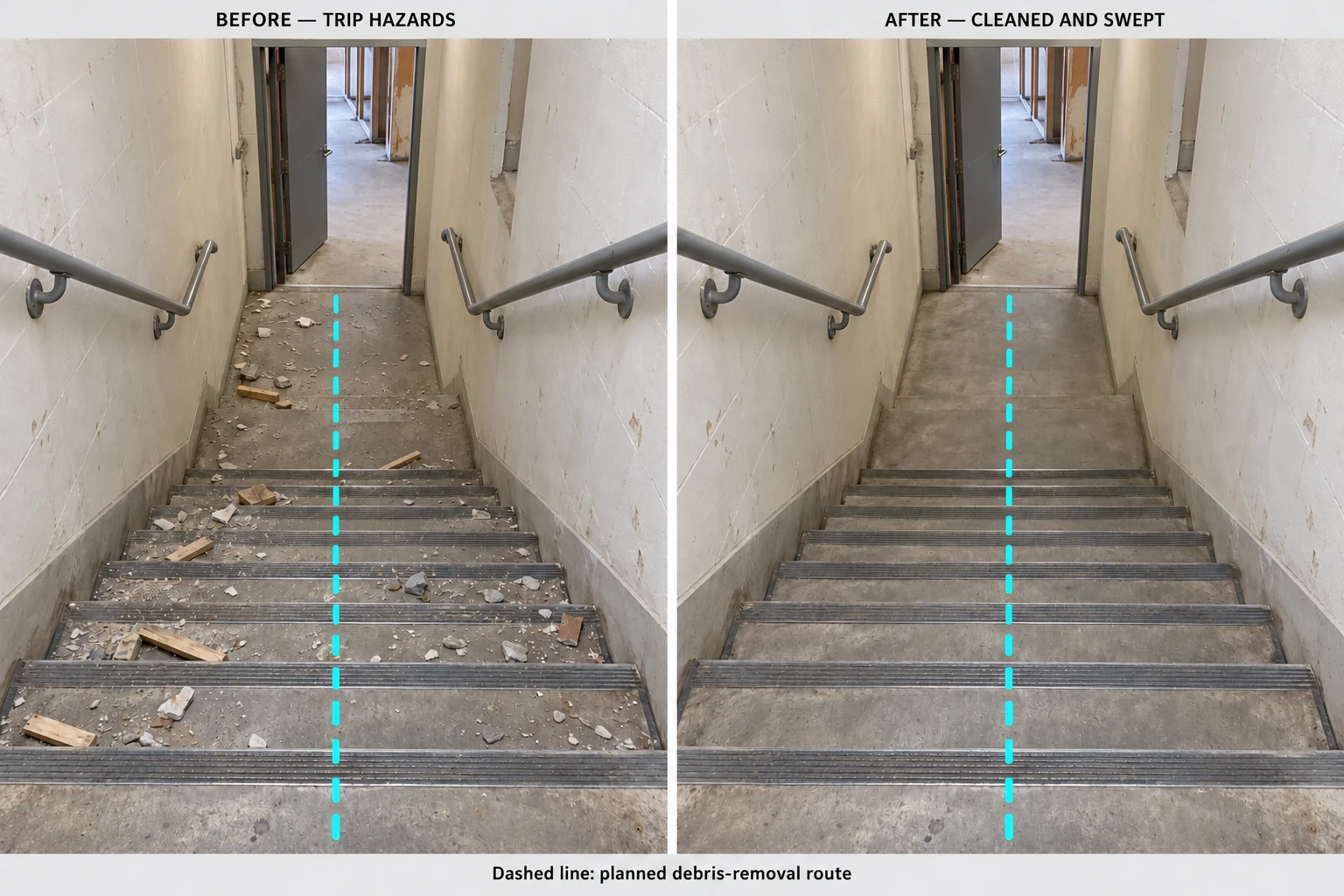Matched views down the same internal stairwell. Left: small plaster and masonry pieces and timber offcuts create trip hazards on the steps and landing. Right: the same stairs are cleaned and swept. A dashed cyan line marks the planned debris-removal route in both views; handrails remain in place.