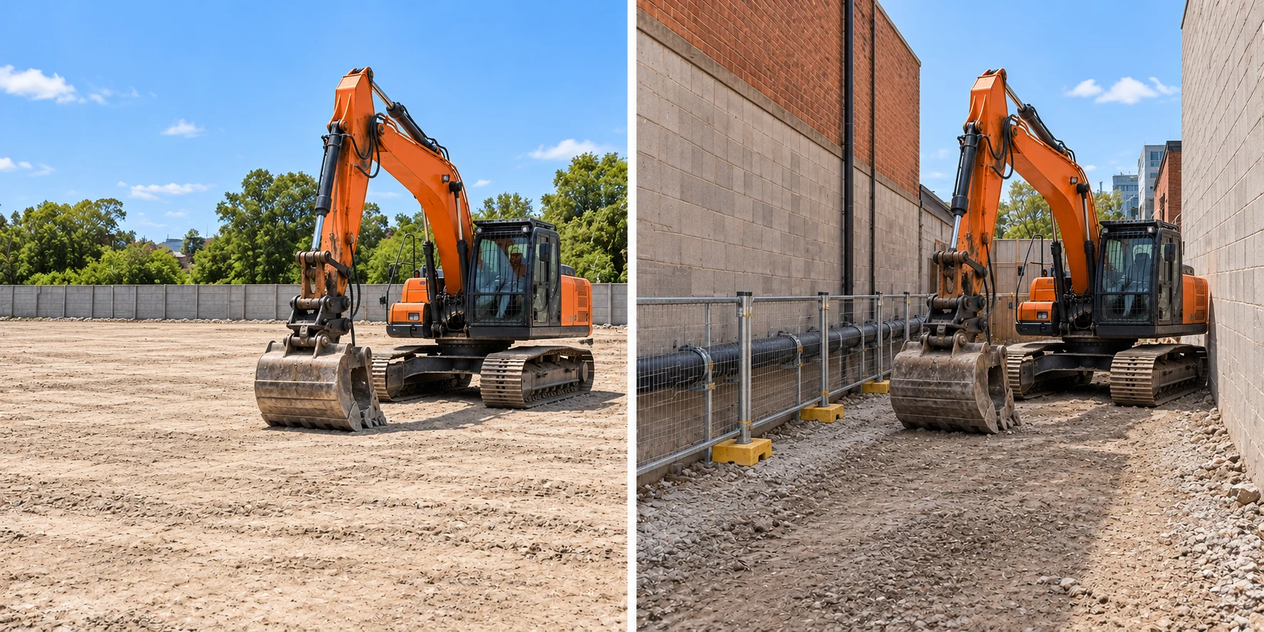 One excavator is shown in an open yard and in a narrow site beside walls and retained pipework.