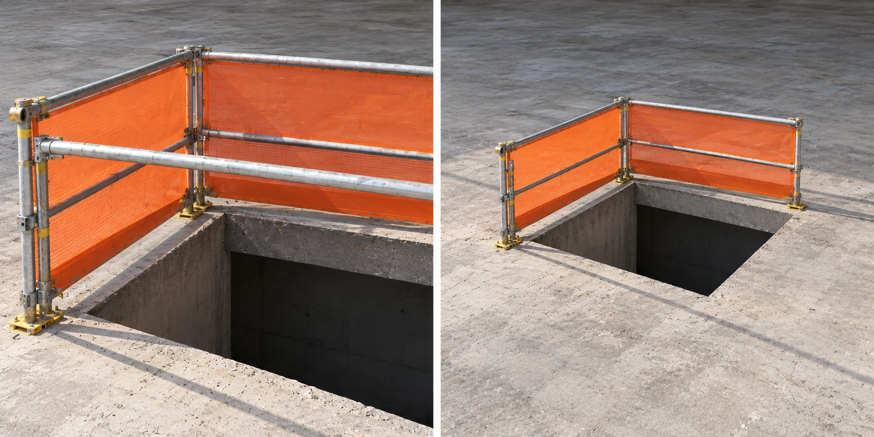 A close view shows railing beside an opening; the wider view reveals unprotected sides of the same opening.