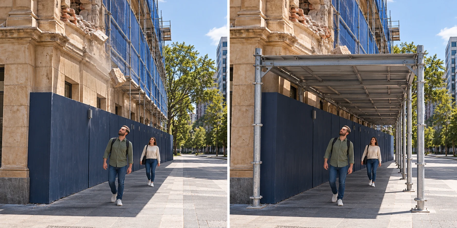 The same pedestrians pass a site boundary without overhead protection, then beneath a gantry with the fragment on its protective deck.