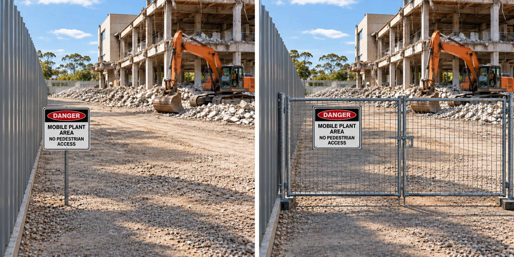 Matched entrances have DANGER signs reading Mobile plant area — No pedestrian access. Only the second entrance has a closed mesh gate.