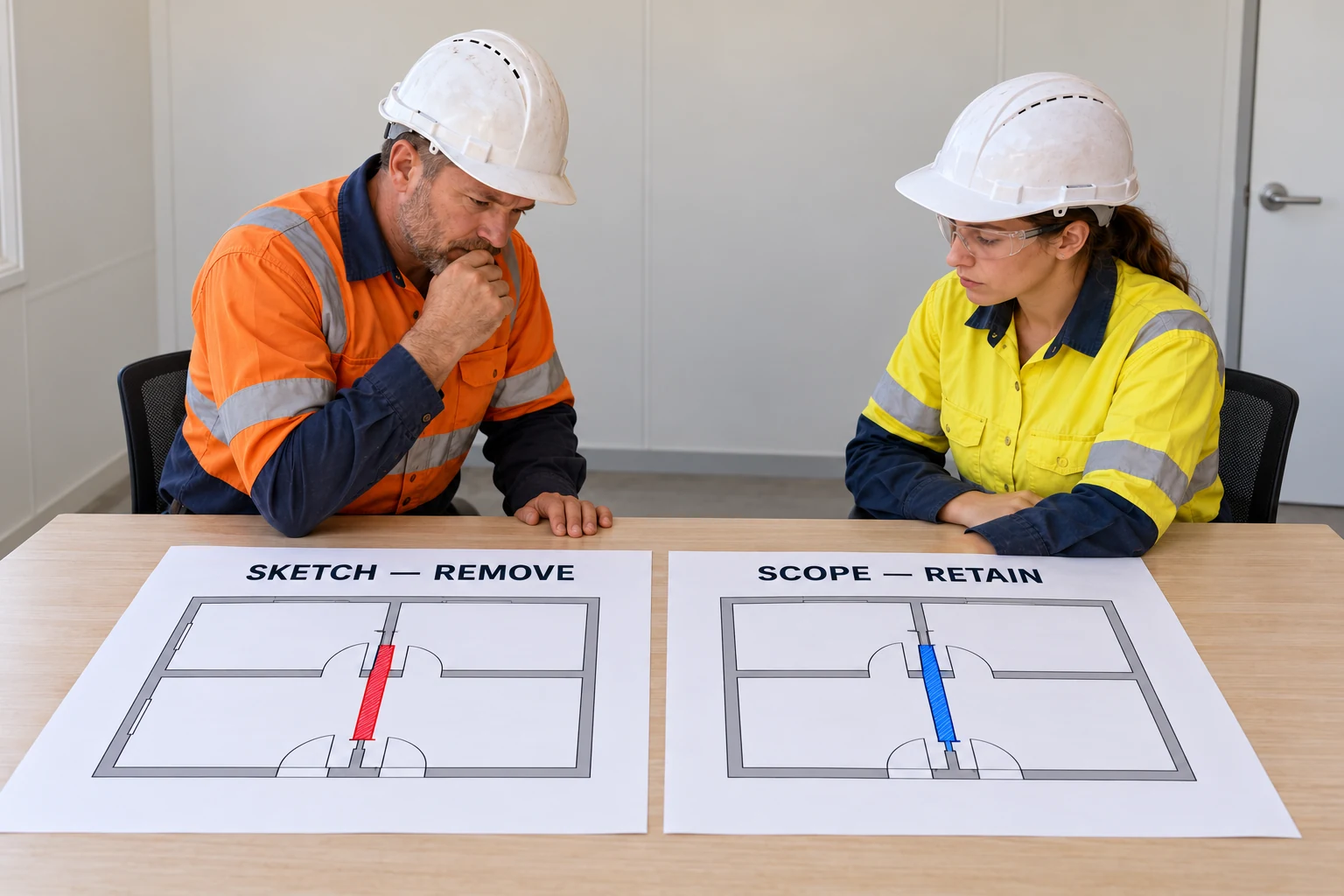 Two people compare fictional sketches labelled Sketch — Remove and Scope — Retain, with the same wall highlighted.