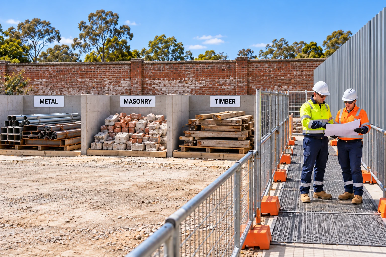 Material bays labelled Metal, Masonry and Timber sit beside a separated pedestrian path and a retained boundary wall.