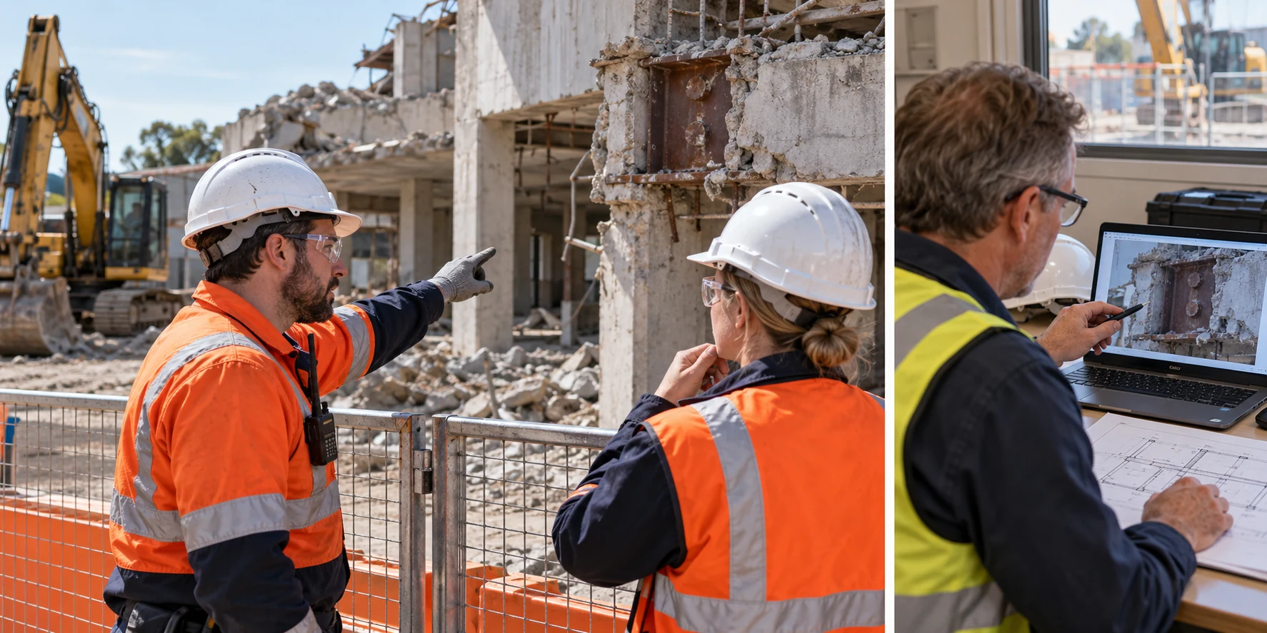 Two people observe an exposed structural detail from behind a barrier; another reviews its photograph on a laptop.