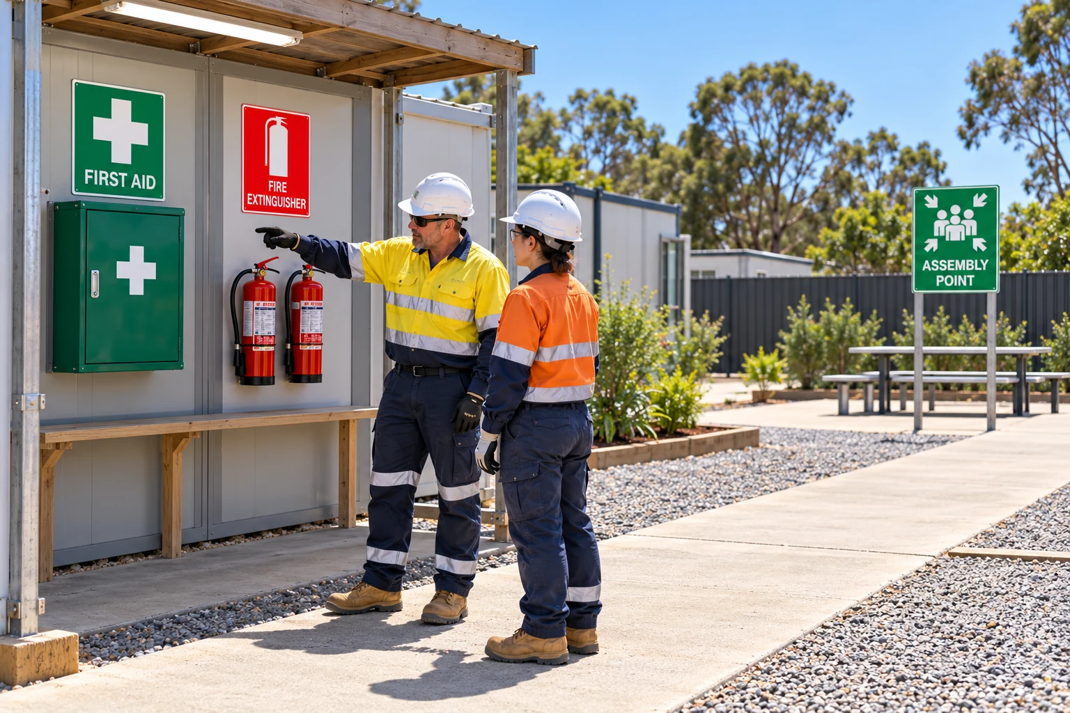 A supervisor shows a new starter the first-aid cabinet, fire extinguishers and assembly point, with green emergency signs and a red extinguisher sign.