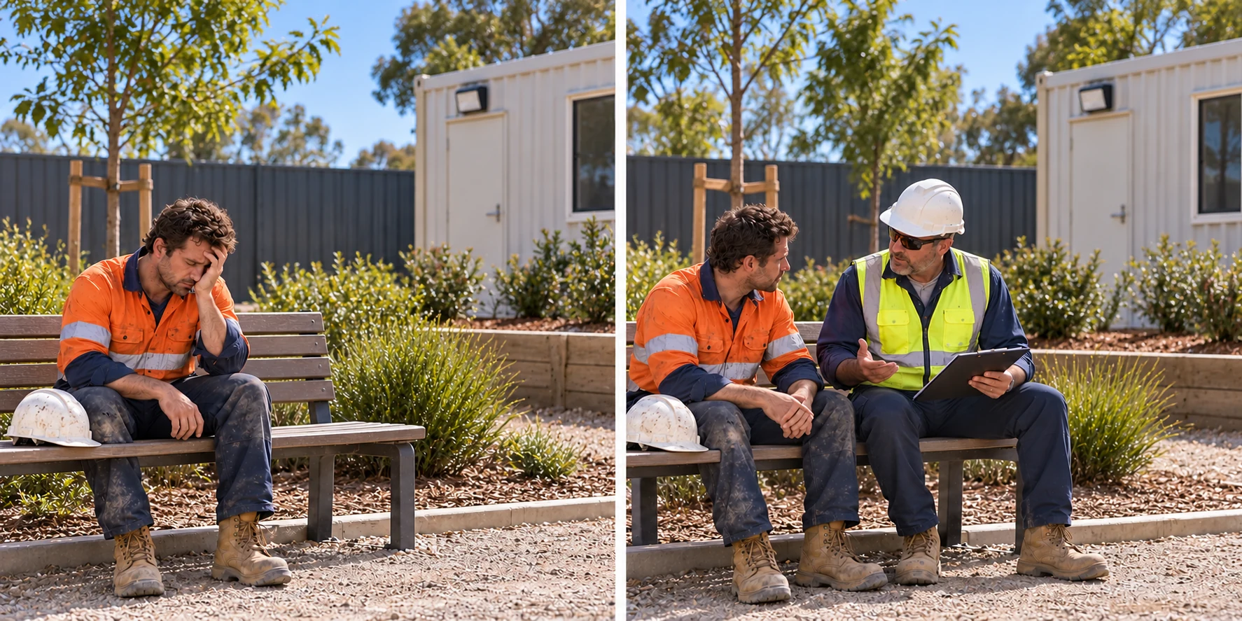 A worker sits alone in a quiet rest area, then discusses a concern with a supervisor in the same place.