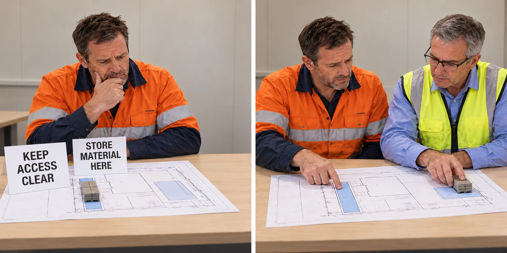 A supervisor faces Keep access clear and Store material here instructions; a second view shows a manager helping review the allocation.