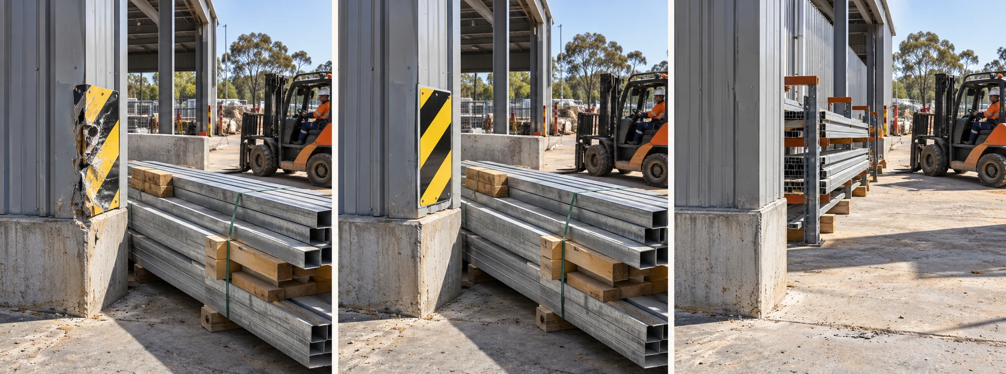 Three views show a damaged column protector, its replacement, and a changed material-storage arrangement.