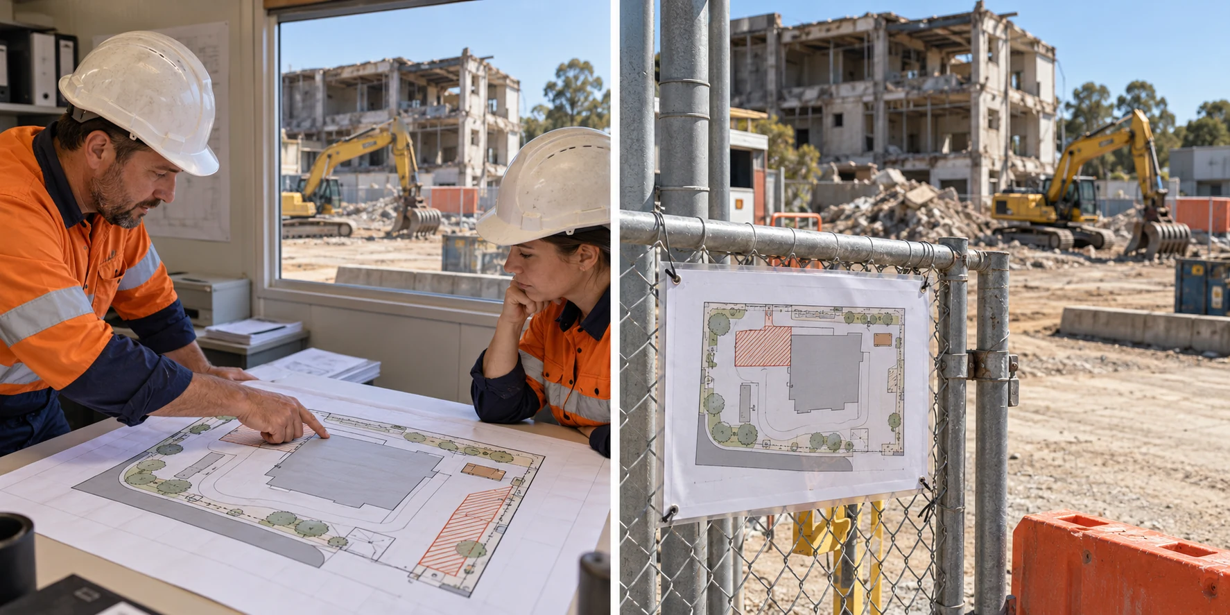 A layout is reviewed at a desk while another layout remains displayed on the work-area fence.