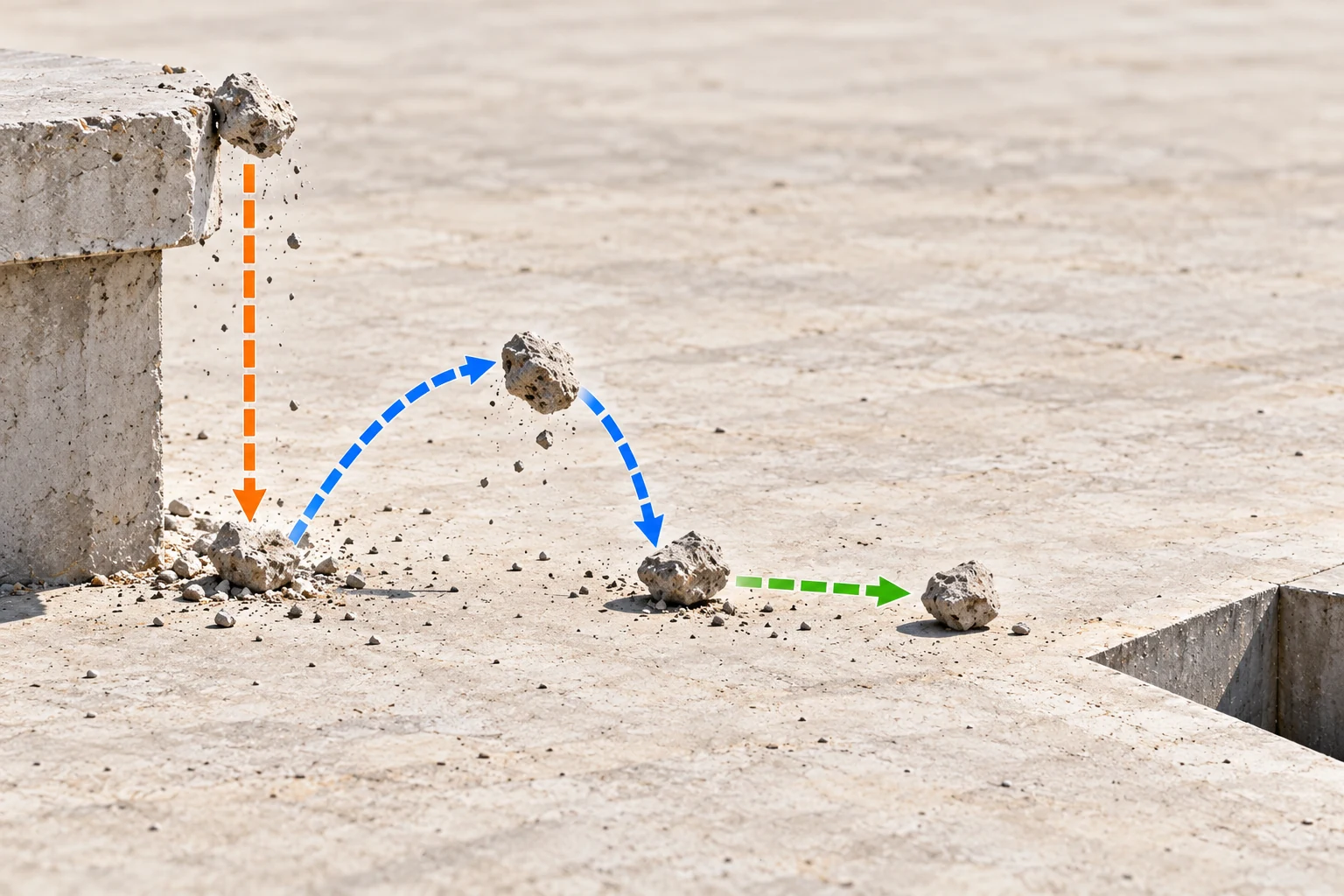 Arrows trace illustrative downward, rebound and rolling movements of a fragment across a hard surface towards an opening.