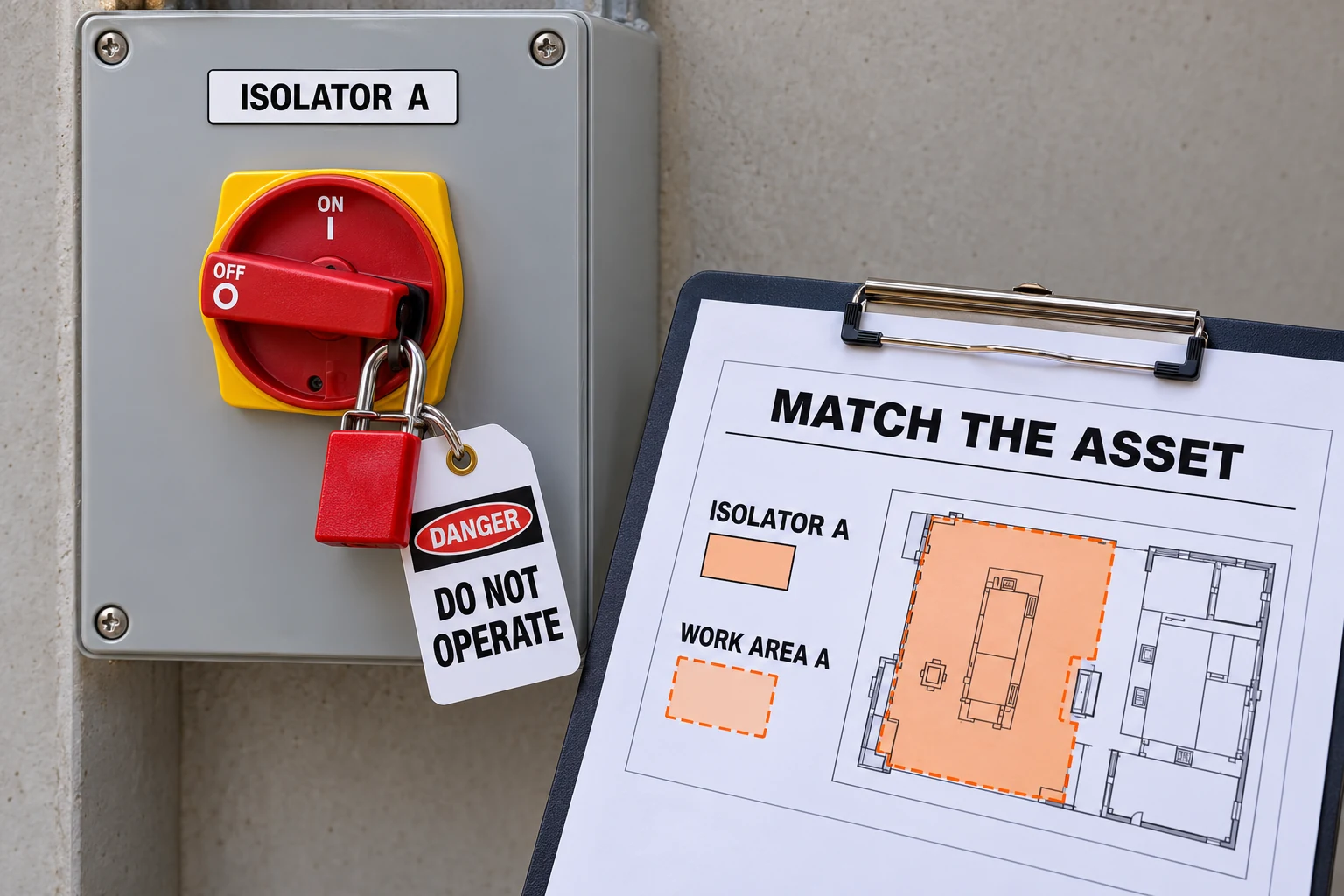 A padlocked isolator labelled Isolator A carries a DANGER — Do not operate tag beside a fictional Work area A record.
