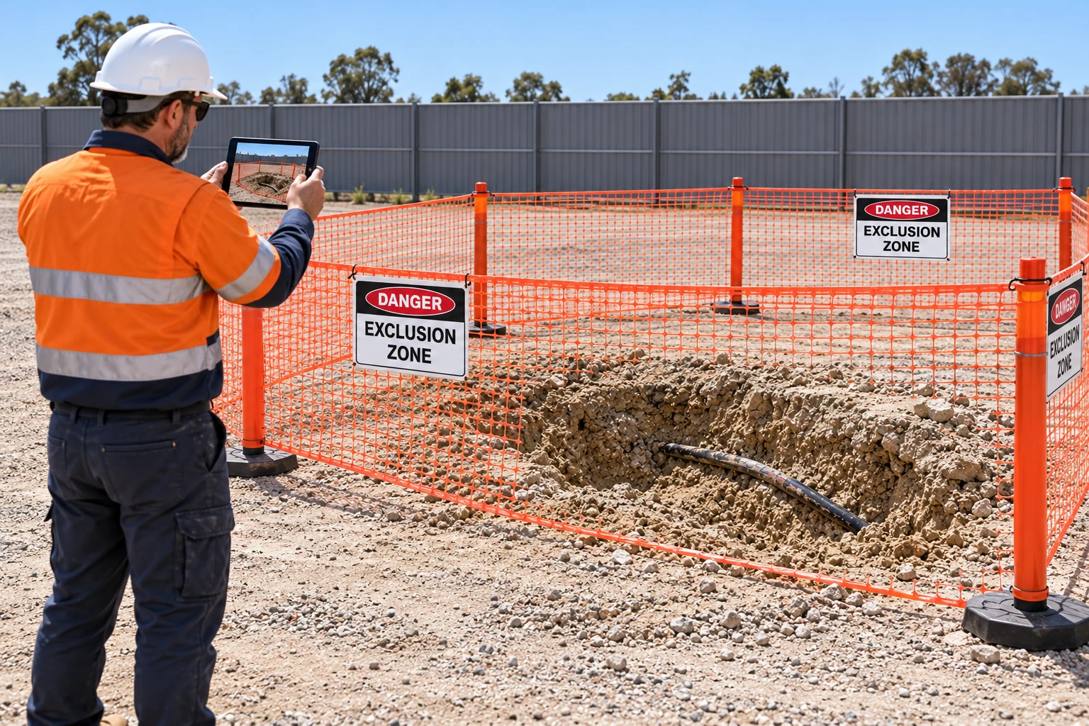 A supervisor photographs an exposed cable from outside a barrier marked DANGER — Exclusion zone.