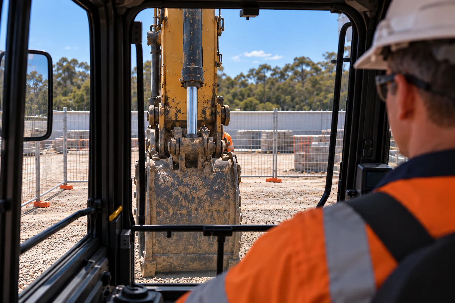 From inside a stationary excavator cab, the boom partly hides a worker ahead.