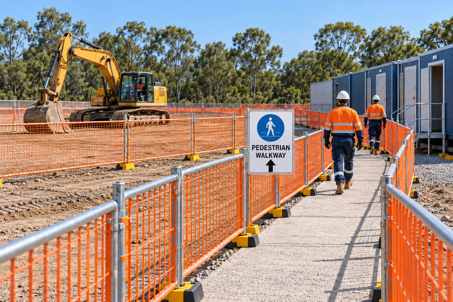 Workers use a fenced path towards detached amenities. A blue-circle pedestrian sign reads Pedestrian walkway with a straight-ahead arrow.