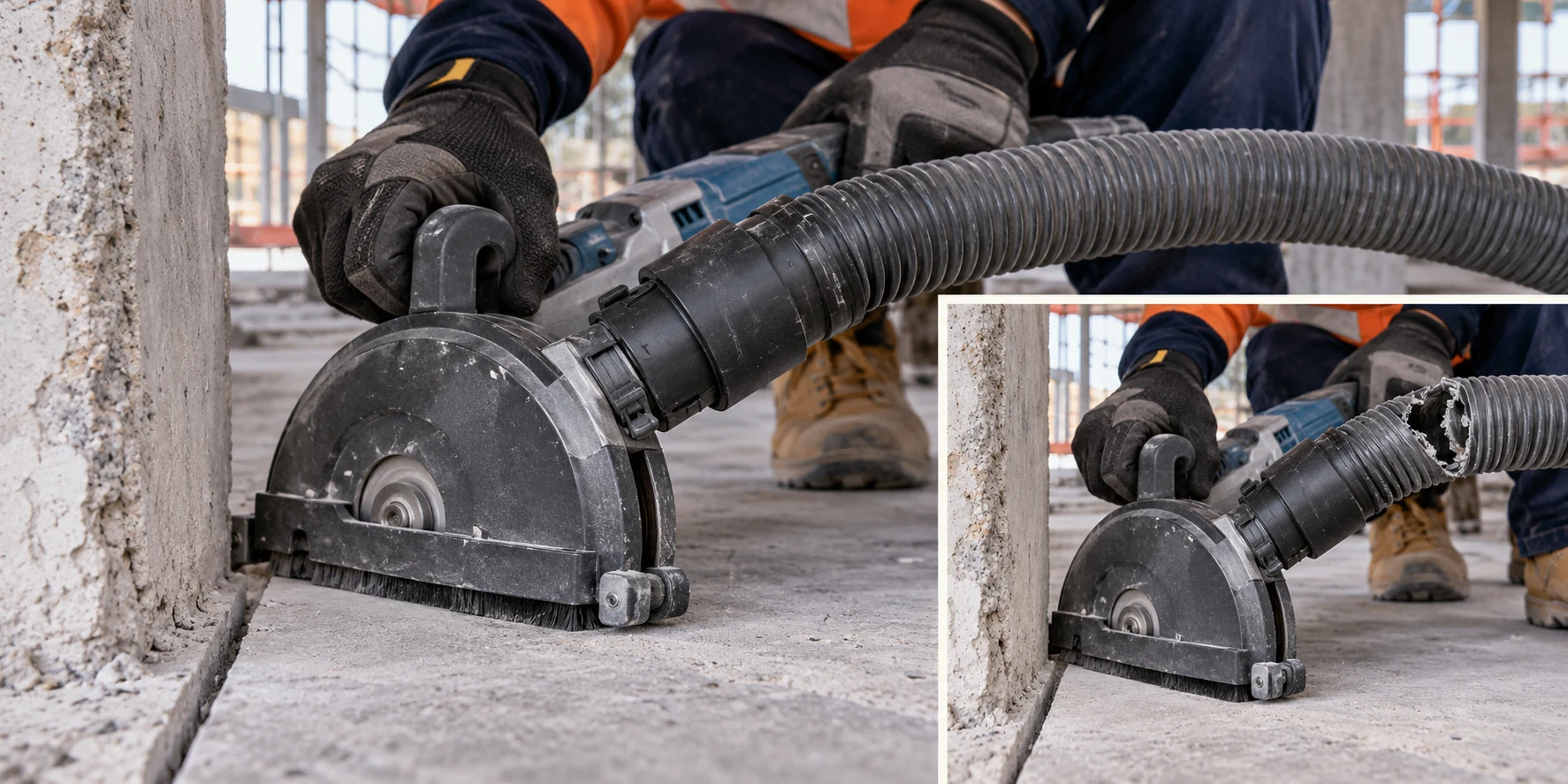 A shrouded cutting tool has an extraction hose; an inset shows a damaged hose connection at the same tool.