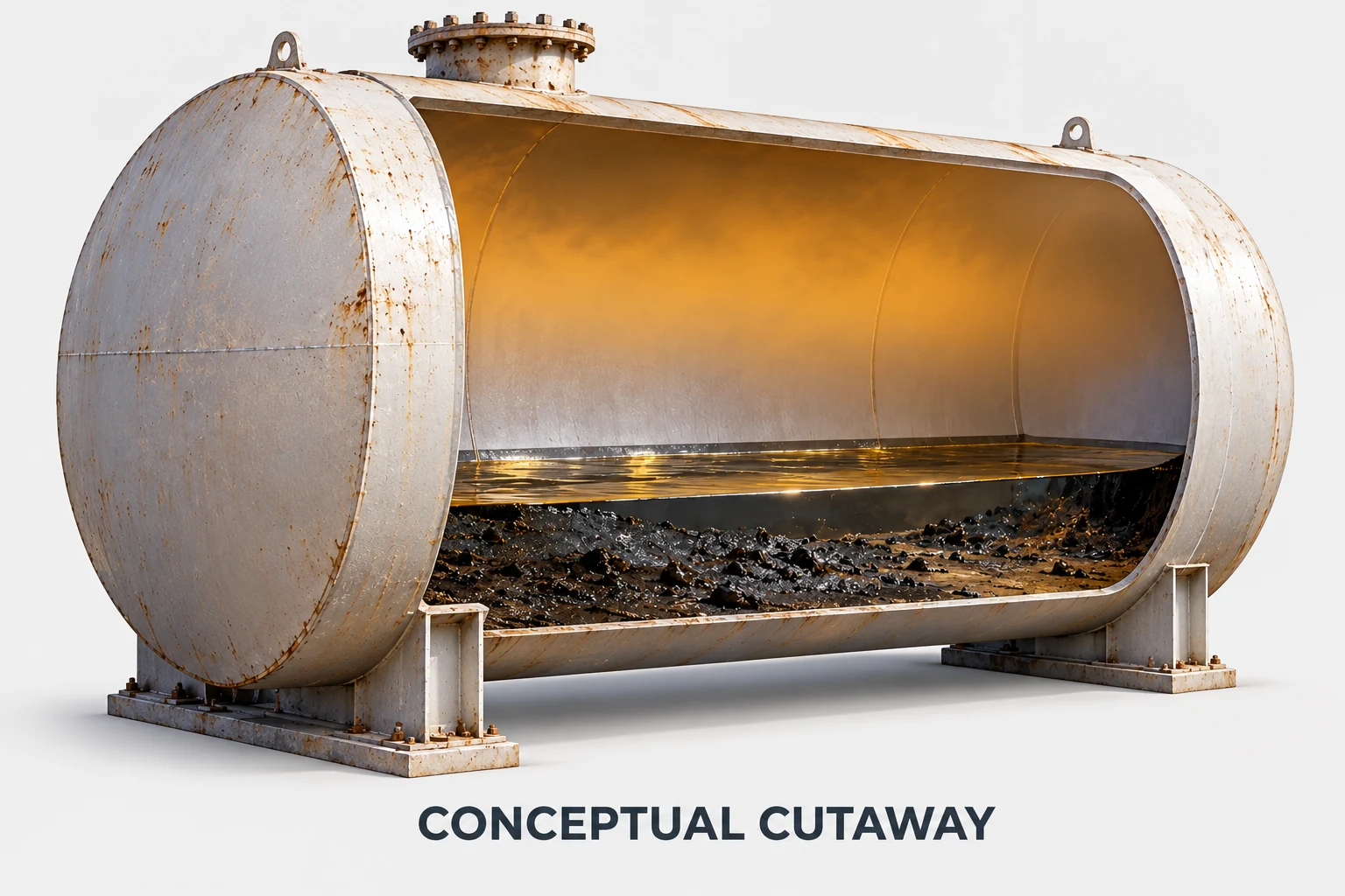 A conceptual tank cutaway reveals liquid, sludge and tinted headspace, with no worker opening the vessel.