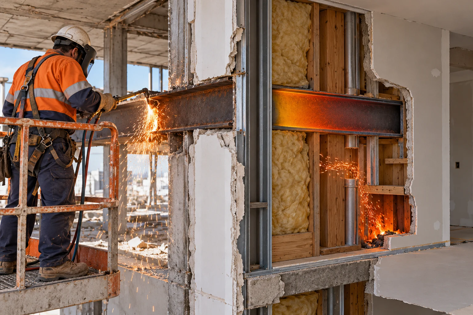 A fictional cutting scene is paired with a wall-cavity view showing heat and hot particles near concealed combustible material.