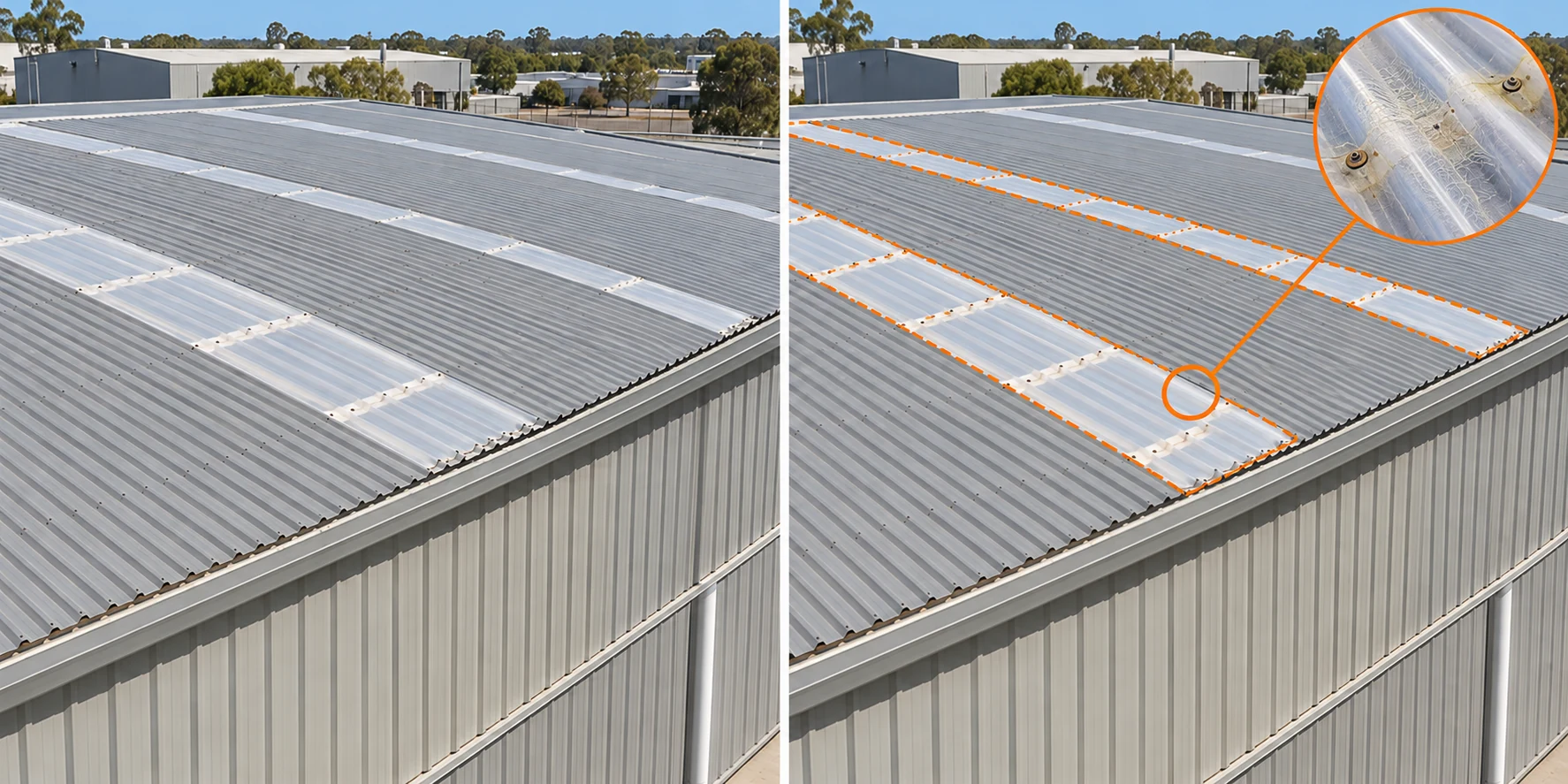 Matched roof views show translucent rooflight strips; the second outlines them and enlarges a weathered panel detail.