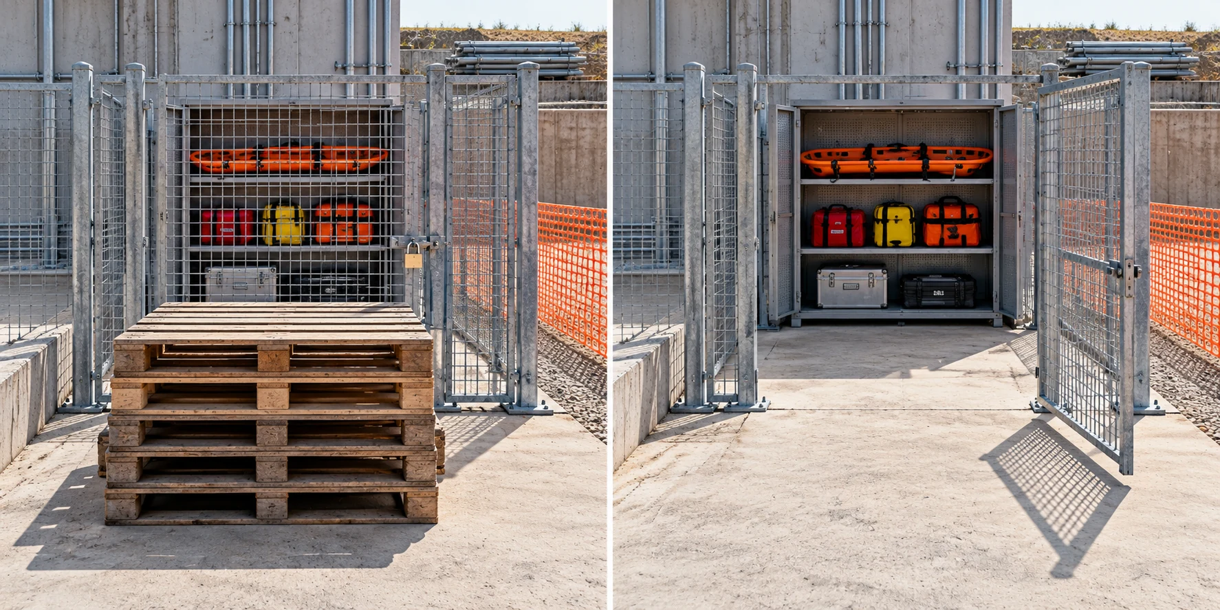 Matched rescue-equipment compounds show a locked, obstructed gate and then an open gate with a clear route.