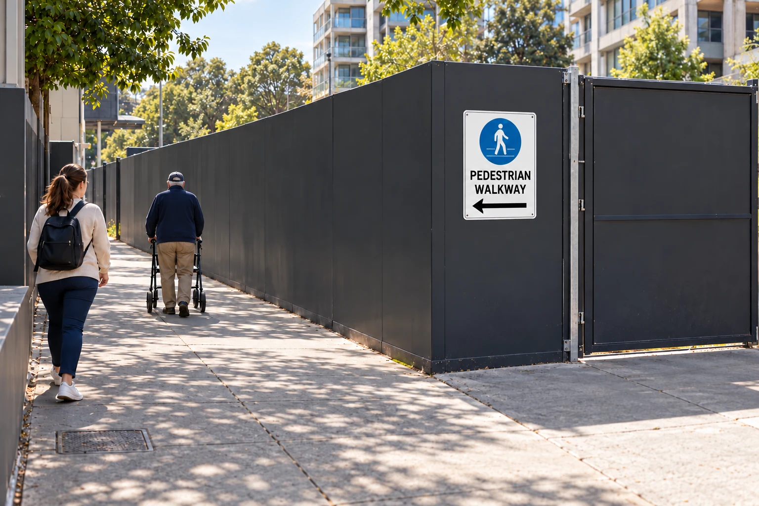 Pedestrians use a clear path beside closed site hoarding. A blue-circle Pedestrian walkway sign has a left-pointing arrow towards the path.
