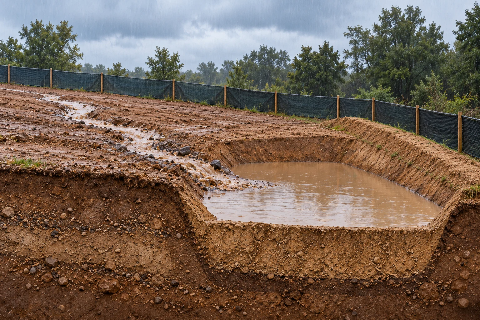 A conceptual ground section shows muddy runoff from disturbed soil entering a below-ground earth basin.