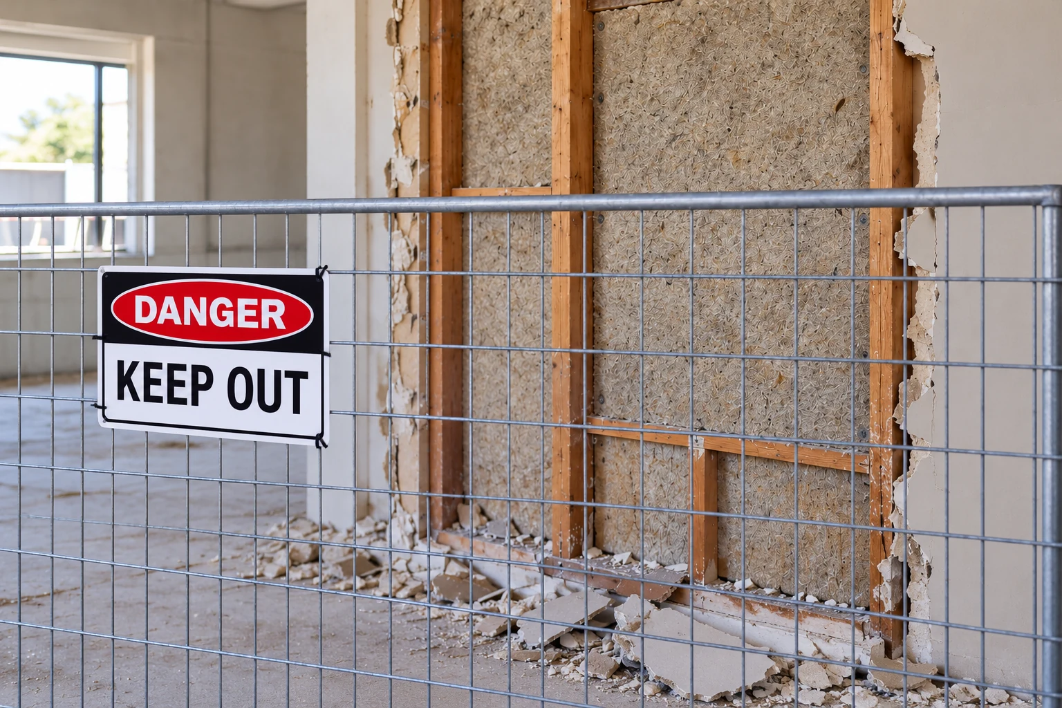 Fibrous-looking backing material is visible behind a held barrier with a DANGER — Keep out sign; no one handles it.