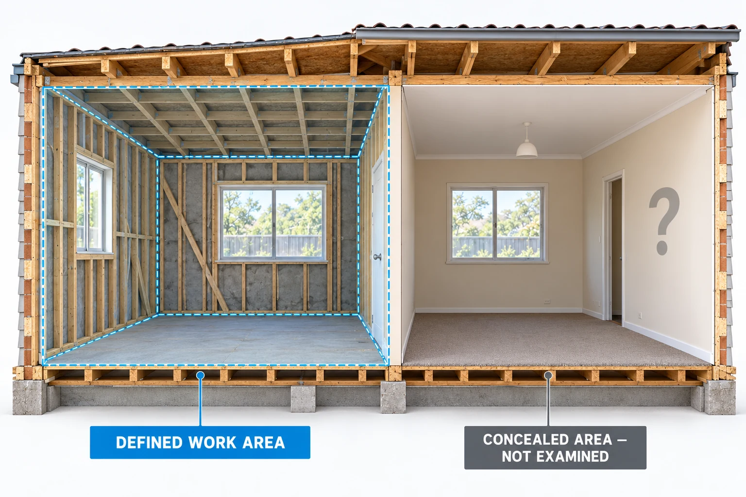 A two-room conceptual cutaway distinguishes a Defined work area from a Concealed area — Not examined.