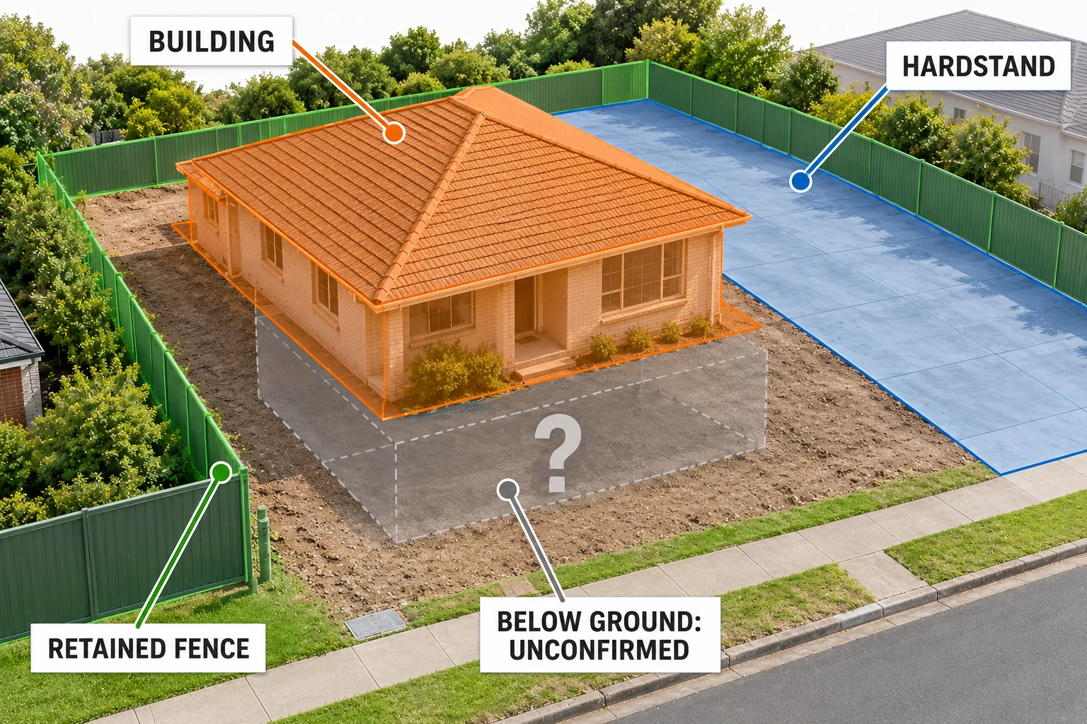 An aerial diagram distinguishes a building, hardstand and retained fence; the below-ground zone is marked unconfirmed.