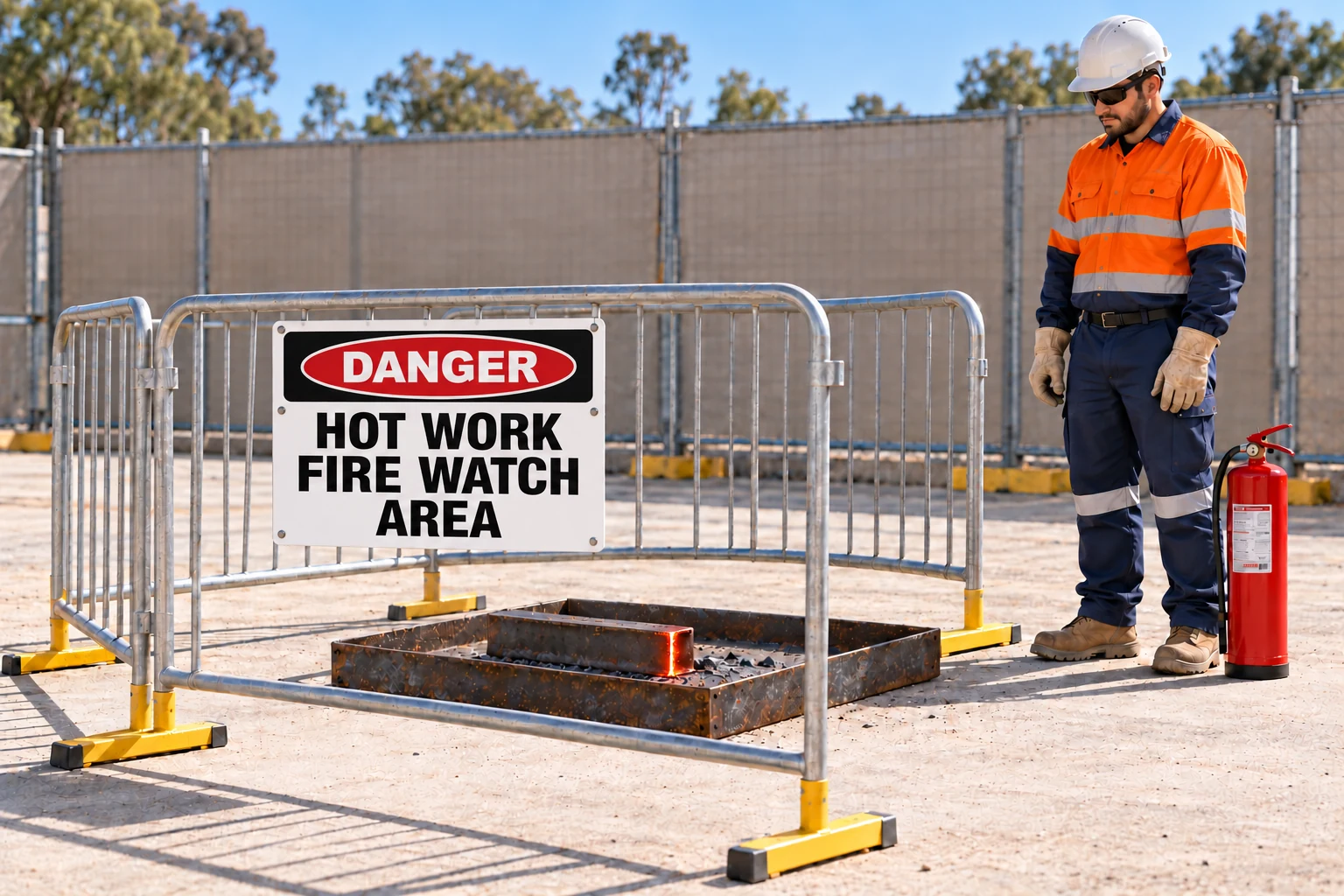 A worker watches a hot offcut behind barriers beside an extinguisher. The sign reads DANGER — HOT WORK FIRE WATCH AREA.