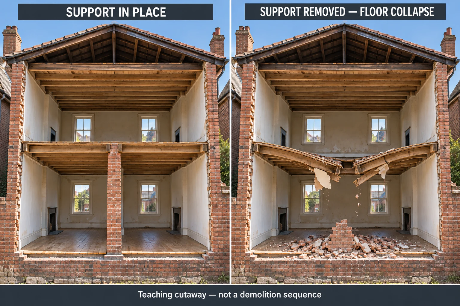 Matched cutaways of a two-storey brick house. Left: a central ground-floor masonry support carries the first-floor structure. Right: that support has been removed and the middle of the first floor has partly collapsed into the empty room below; the roof remains in place.