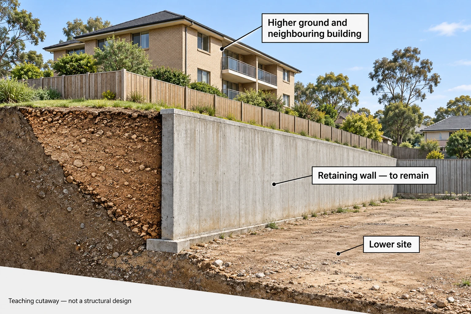 An architectural cutaway shows a concrete retaining wall with higher soil directly behind it, a neighbouring two-storey residential building on that higher ground, and a lower flat site in front. Labels identify the higher ground, the retaining wall to remain and the lower site.